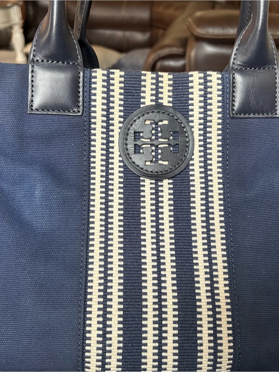 Tory Burch Handbags - Tory Burch Navy and Cream Striped Canvas Tote with Logo Medallion